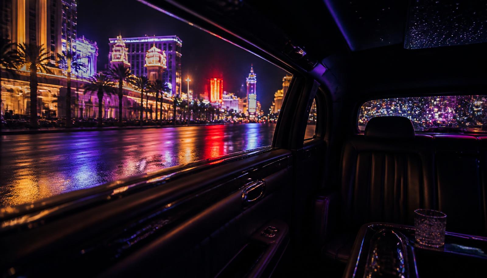 The neon-lit Las Vegas Strip seen at night through the window of a black limousine